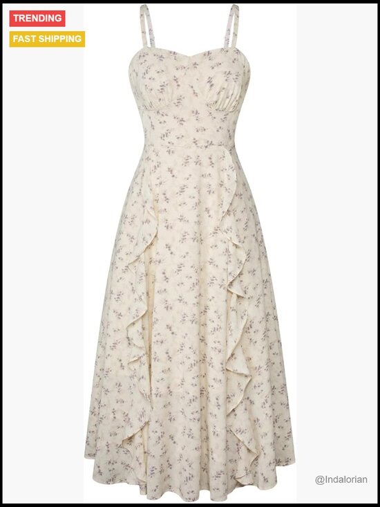 Dresses & Skirts - Polyester Blend Floral Midi Sun Dress with Ruffles for Wedding Guest